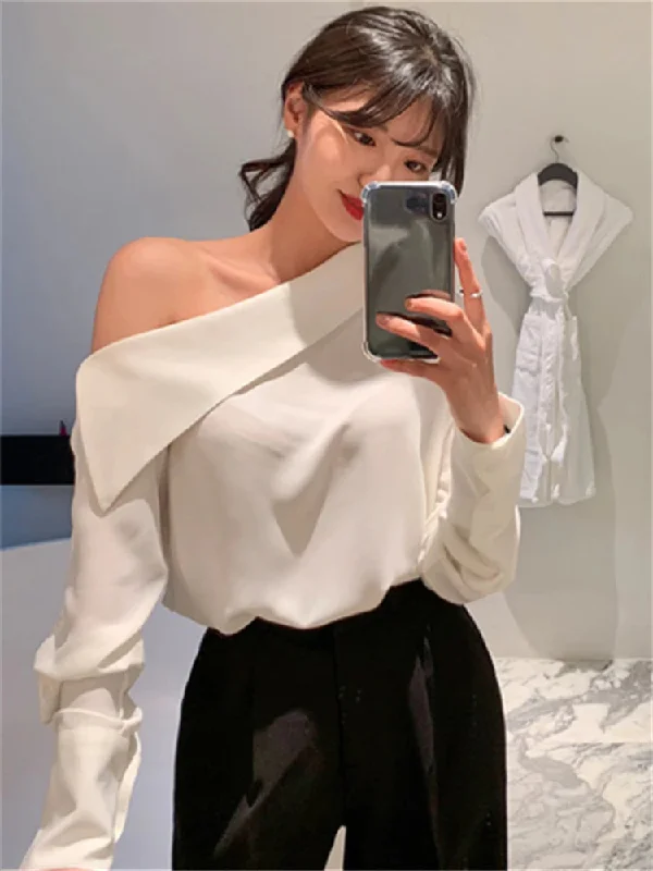 Women's One Off Shoulder Fashion Designer Blouse Long-Sleeve Tops