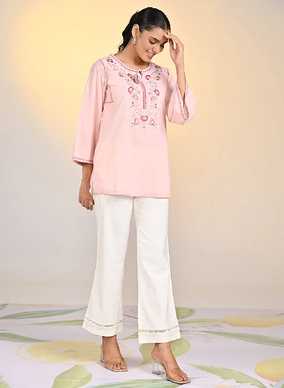 Elnaz Peach Embroidered Top For Women