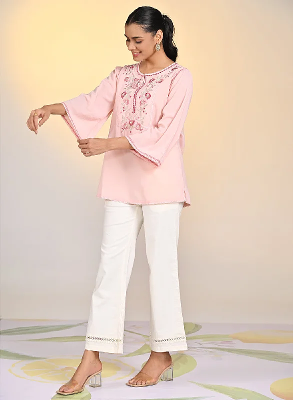 Elnaz Peach Embroidered Top For Women