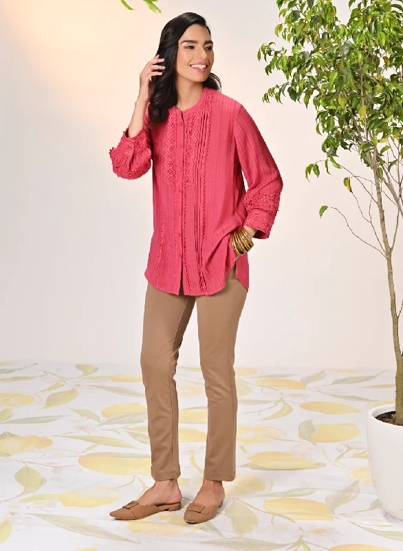 Kahkashan Watermelon Red Embroidered Shirt for Women