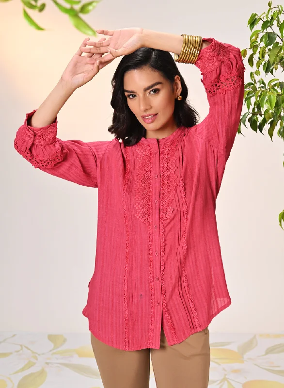 Kahkashan Watermelon Red Embroidered Shirt for Women