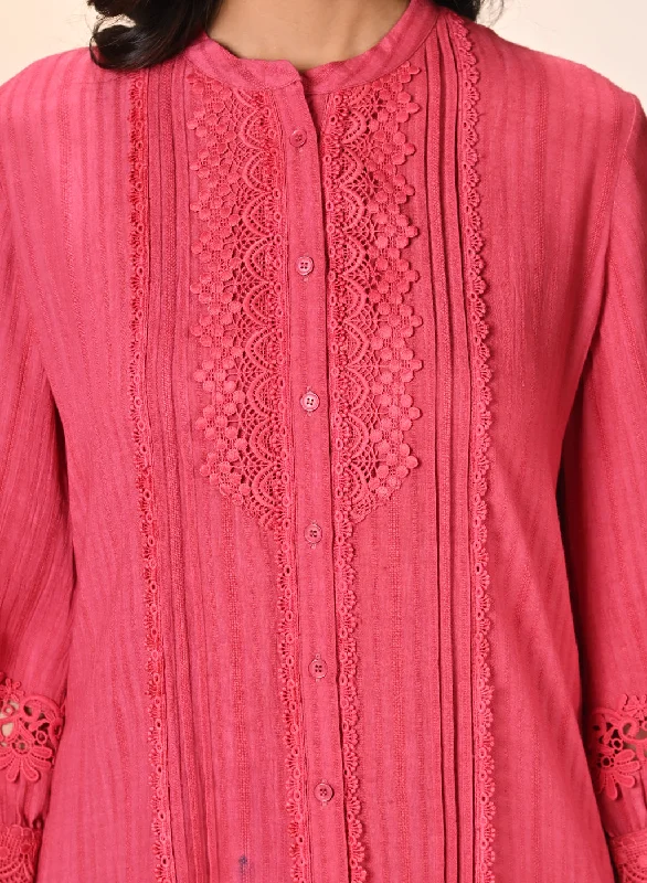 Kahkashan Watermelon Red Embroidered Shirt for Women