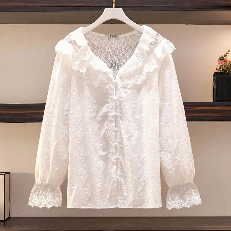 Women's 7-9XL Ruffled Trim Fashion Designer Lace Blouse Long-Sleeve Tops (Plus Size)