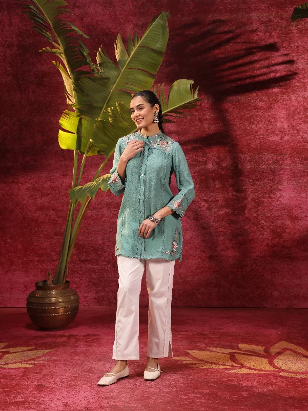 Mogra Turkish Green Crinkled Crepe Embroidered Shirt for Women