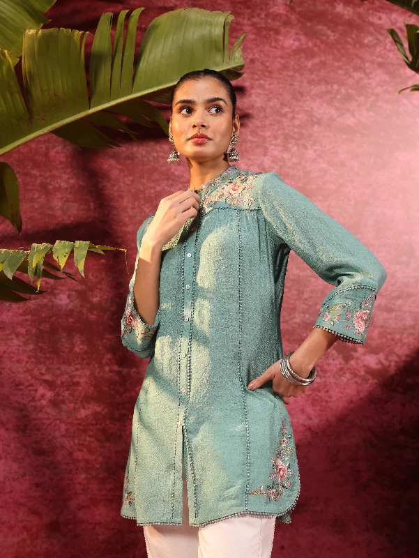 Mogra Turkish Green Crinkled Crepe Embroidered Shirt for Women