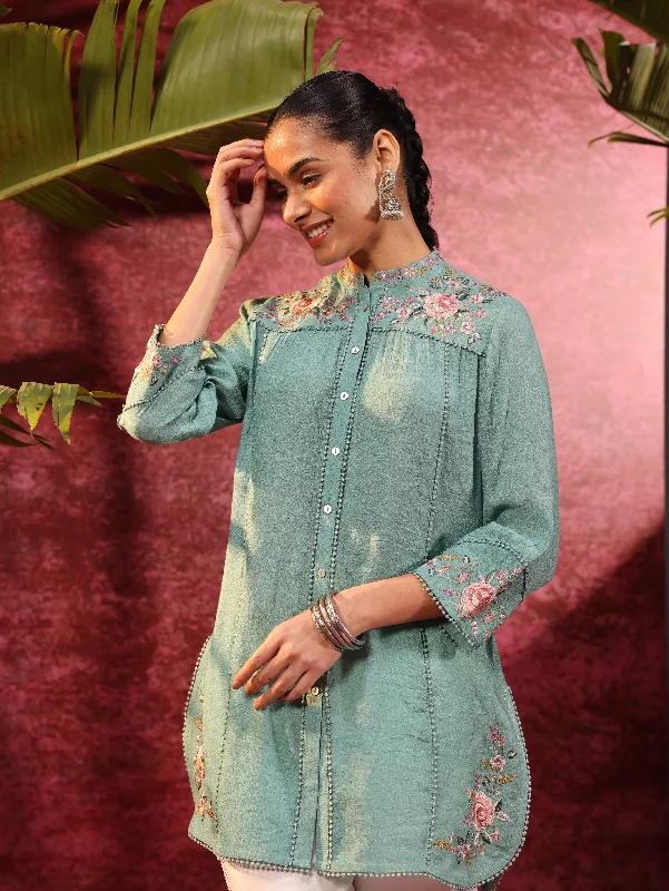 Mogra Turkish Green Crinkled Crepe Embroidered Shirt for Women