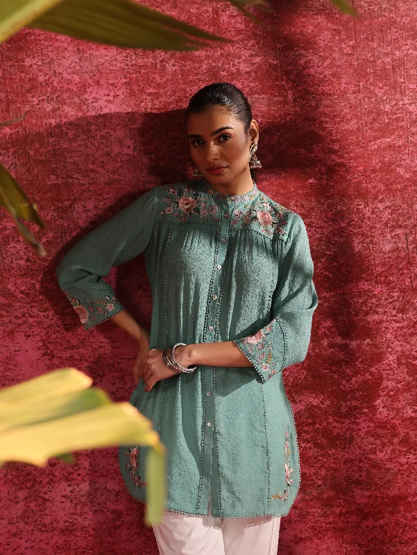 Mogra Turkish Green Crinkled Crepe Embroidered Shirt for Women