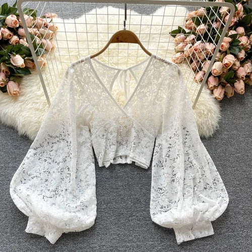 Women's V-Neck Puff Fashion Designer Transparent Blouse Long-Sleeve Tops