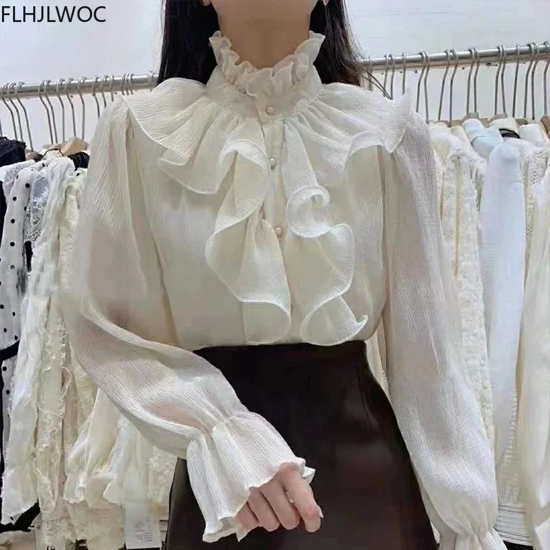 Women's Ruffled Puffed Sleeve Fashion Designer Long-Sleeve Tops