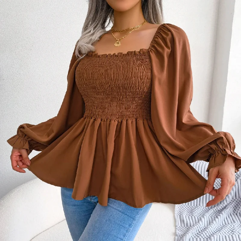 Women's Square Collar Fashion Designer Ruffled Long-Sleeve Tops