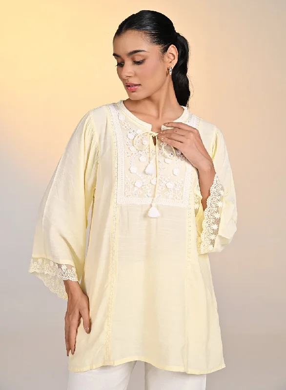 Zareen Lemon Embroidered Satin Top For Women