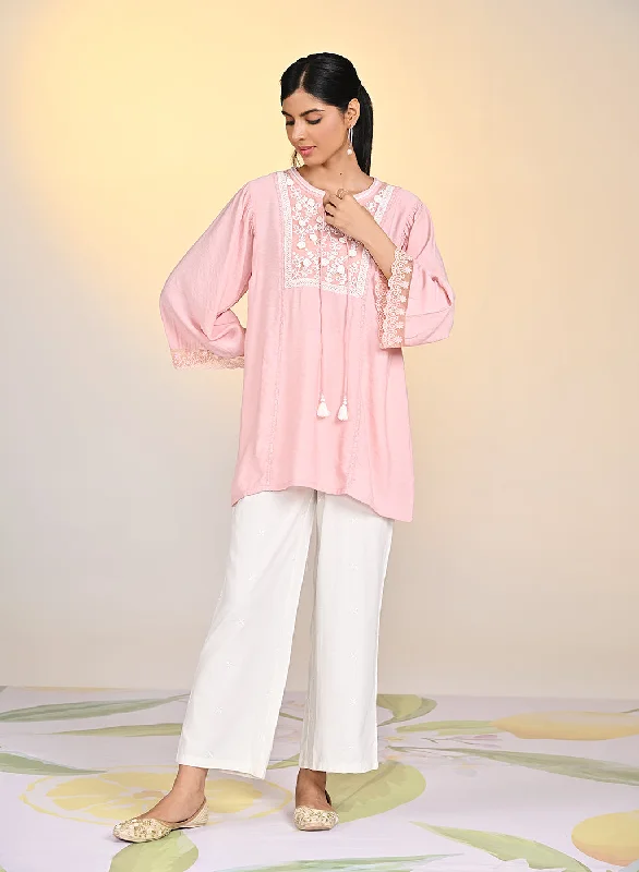 Zareen Watermelon Pink Embroidered Satin Top For Women