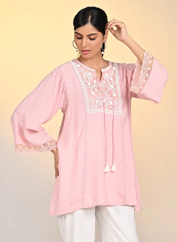 Zareen Watermelon Pink Embroidered Satin Top For Women