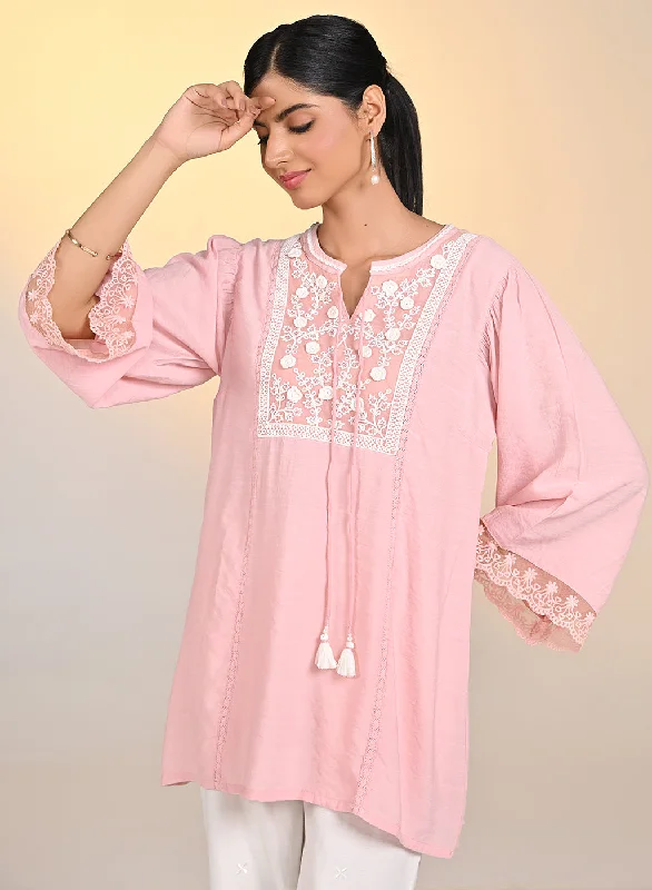 Zareen Watermelon Pink Embroidered Satin Top For Women