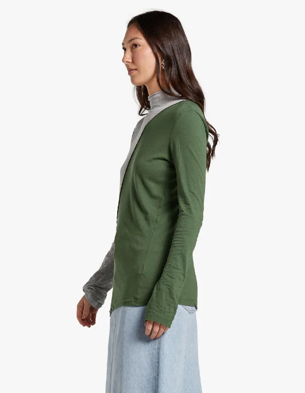 Contrast Raised Neck L/S T-Shirt - Grey Marl/ Pine Green