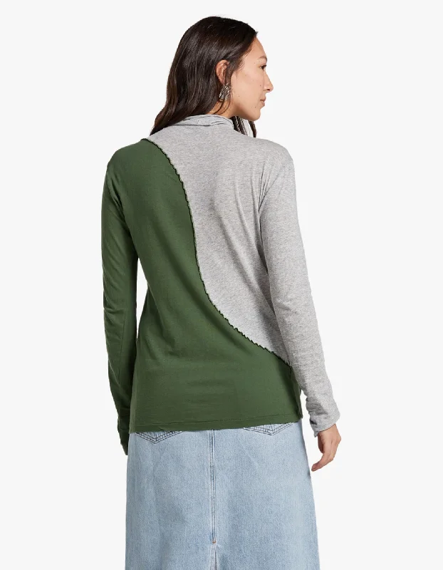 Contrast Raised Neck L/S T-Shirt - Grey Marl/ Pine Green