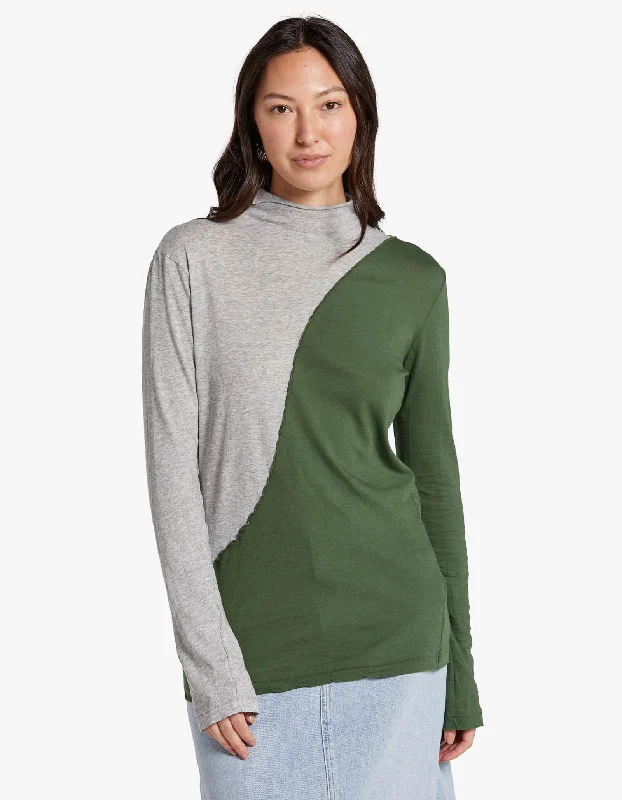 Contrast Raised Neck L/S T-Shirt - Grey Marl/ Pine Green