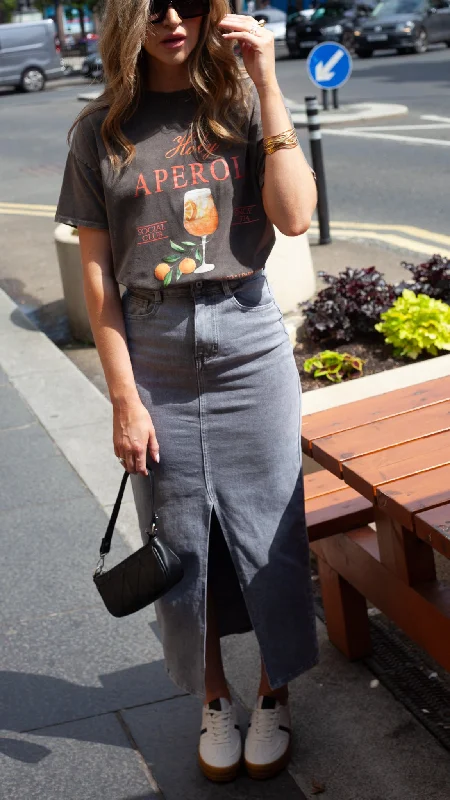 Gigi Grey Front Split Denim Midi Skirt