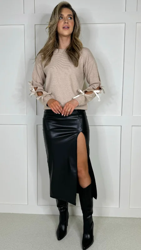 Hermia Black Leather Look Midi Skirt