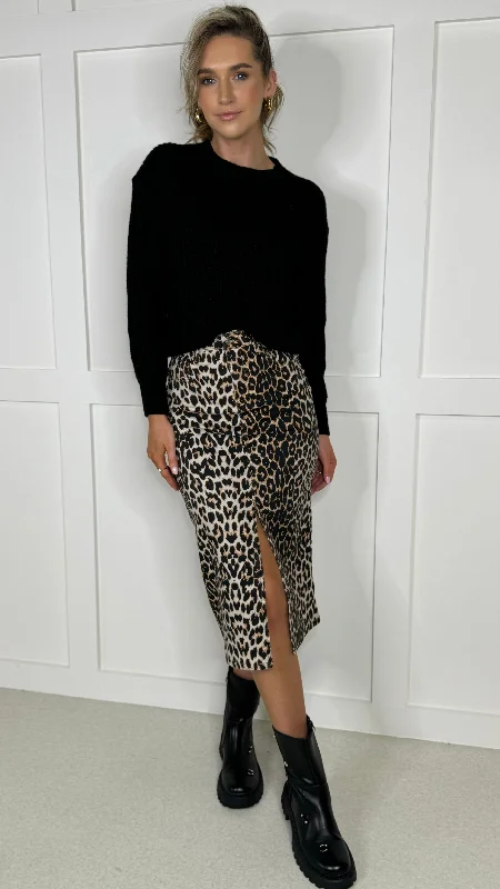 Kirbie Beige & Black Leopard Print Denim Midi Skirt