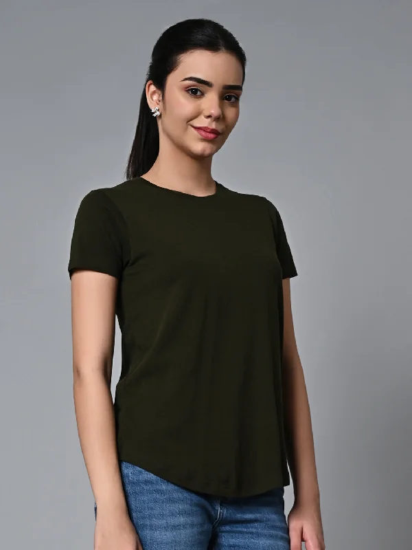 Women's Darkgreen Cotton Regular Fit Tshirt