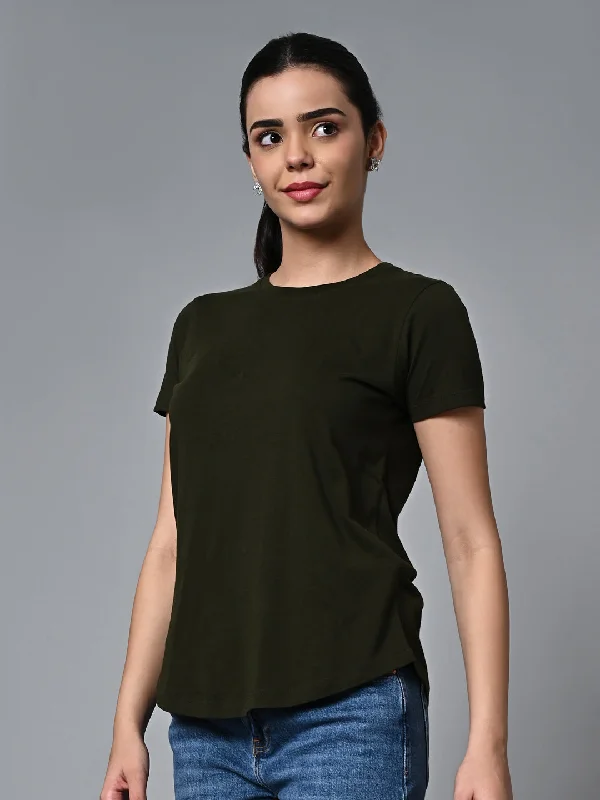 Women's Darkgreen Cotton Regular Fit Tshirt