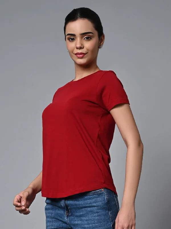 Women's Red Cotton Regular Fit Tshirt