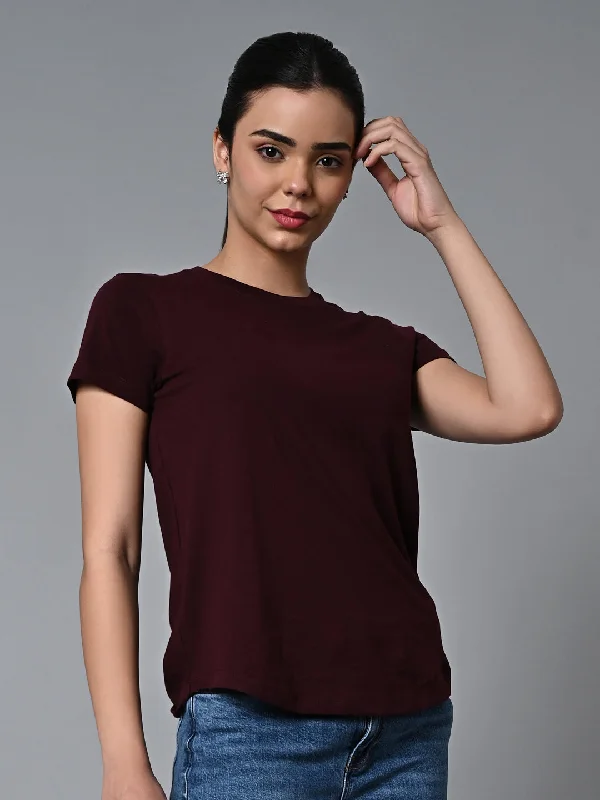 Women's Wine Cotton Regular Fit Tshirt