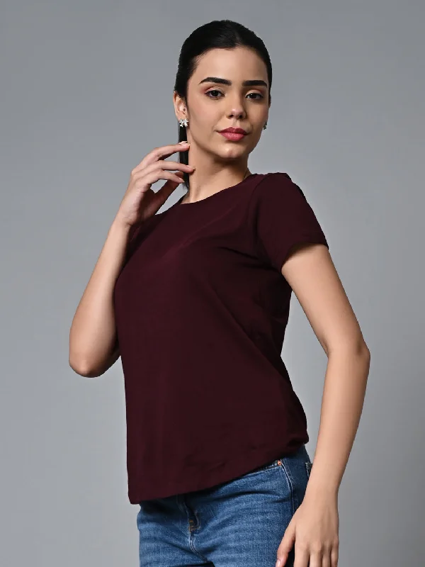 Women's Wine Cotton Regular Fit Tshirt