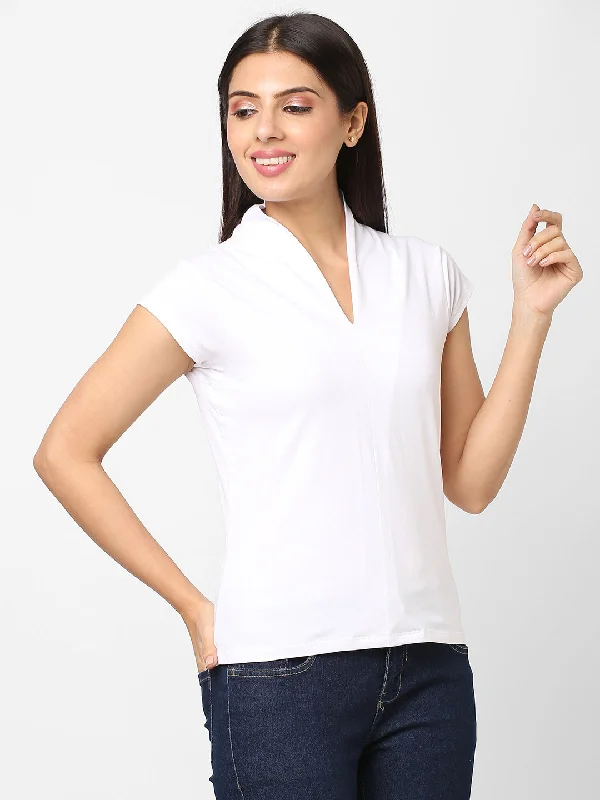 Women's White Cotton Elastane Slim Fit Tshirt