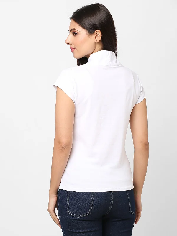 Women's White Cotton Elastane Slim Fit Tshirt