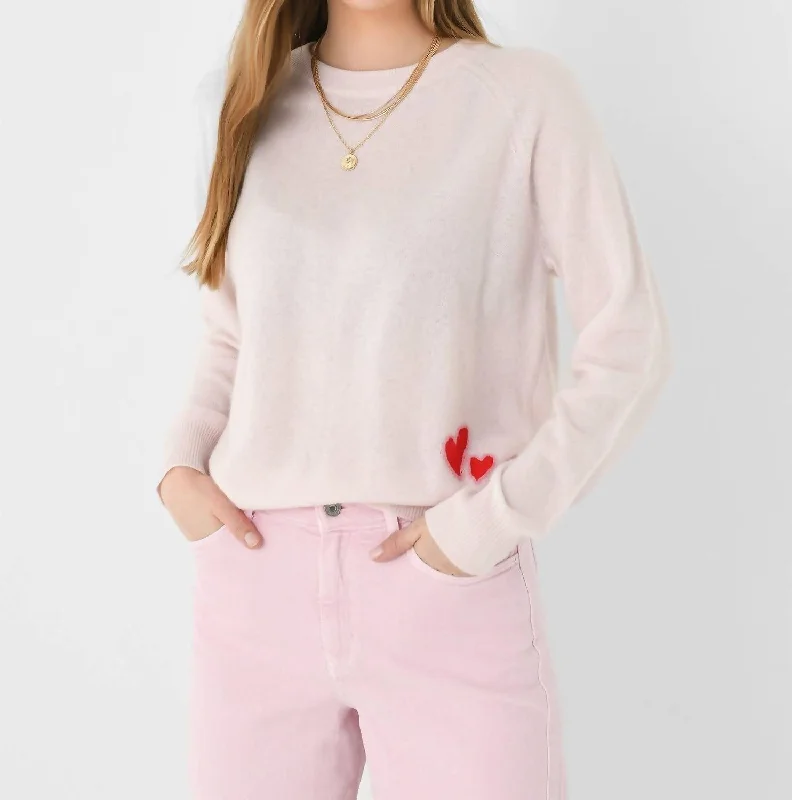 Cashmere Embroidered Heart Sweater In Pink Sand Combo