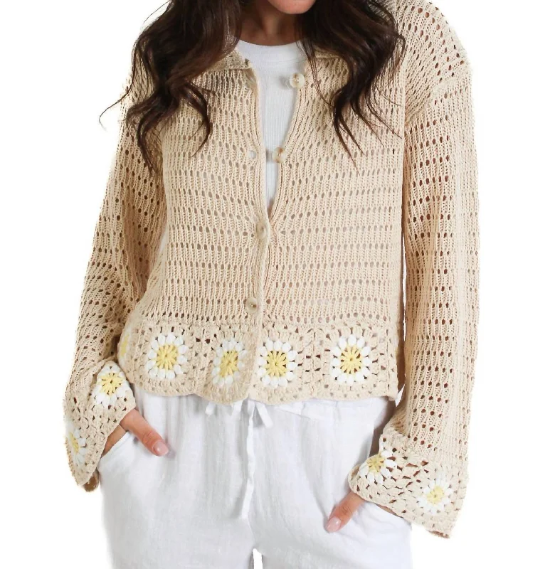 Floral Trim Sweater In Beige