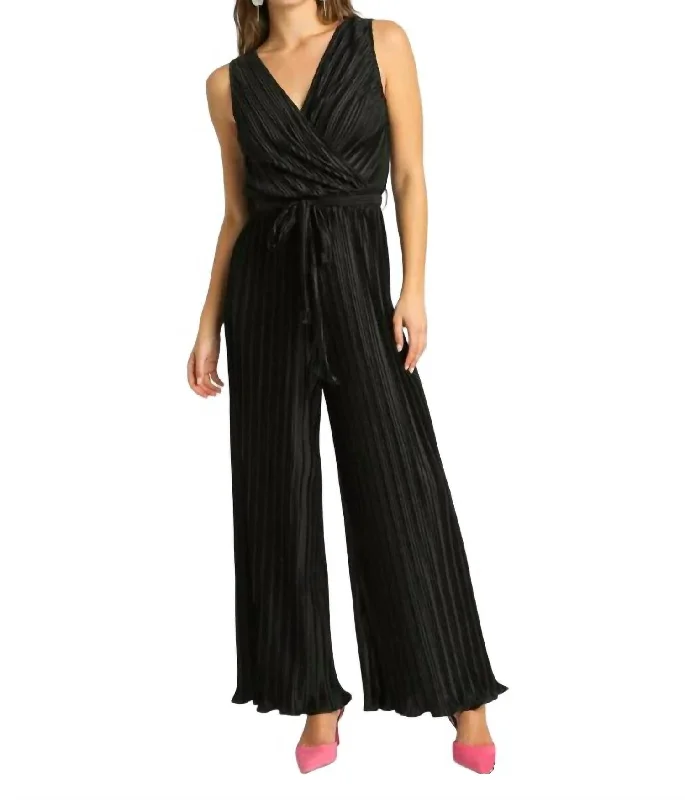 Pleated Overlap Ruffle Jumpsuit In Black